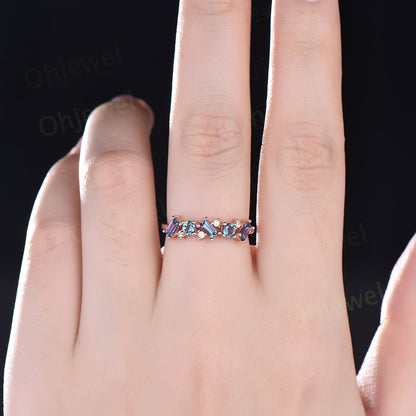 Baguette cut Alexandrite ring vintage solid 14k rose gold dainty moissanite wedding ring band women unique anniversary ring gift