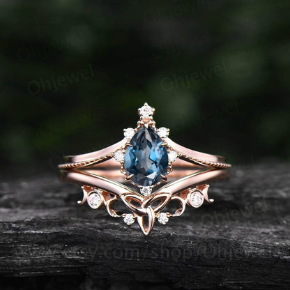 Vintage pear shaped London blue topaz engagement ring set rose gold cluster diamond ring dainty unique bridal wedding ring set women gift