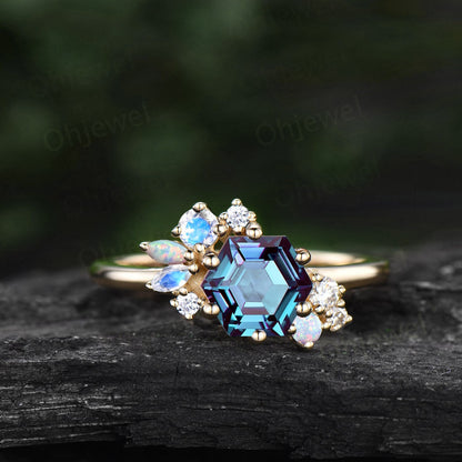 Hexagon cut Alexandrite engagement ring 14k rose gold marquise cut moonstone opal ring vintage diamond wedding anniversary ring women gift