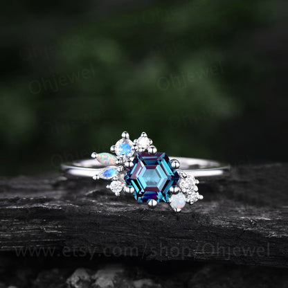 Hexagon cut Alexandrite engagement ring 14k rose gold marquise cut moonstone opal ring vintage diamond wedding anniversary ring women gift