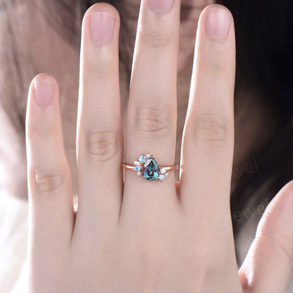 Pear shaped Alexandrite engagement ring 14k rose gold marquise cut moonstone opal ring vintage diamond wedding anniversary ring women gift