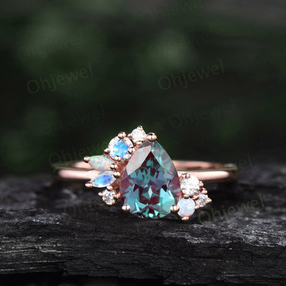 Pear shaped Alexandrite engagement ring 14k rose gold marquise cut moonstone opal ring vintage diamond wedding anniversary ring women gift