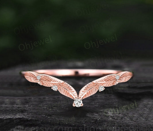 Vintage leaf diamond wedding band 14k rose gold unique five stone moissanite stacking nature inspired wedding ring band anniversary gift