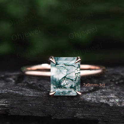 4ct emerald cut green moss agate engagement ring rose gold vintage unique Solitaire engagement ring women sterling silver promise ring gift