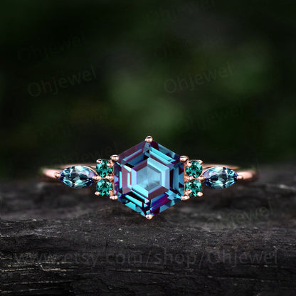 Hexagon cut Alexandrite engagement ring rose gold vintage unique marquise moonstone engagement ring art deco opal wedding ring for women