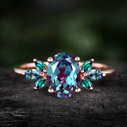 Unique oval cut Alexandrite engagement ring 14k rose gold cluster marquise cut emerald ring vintage anniversary ring women gift for her