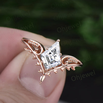 Vintage style kite cut moissanite engagement ring 14k rose gold unique split shank Solitaire engagement ring for women promise ring her