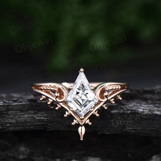 Vintage style kite cut moissanite engagement ring 14k rose gold unique split shank Solitaire engagement ring for women promise ring her