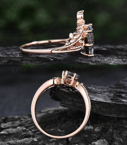 Vintage style kite cut black rutilated quartz ring unique split shank Solitaire engagement ring 14k rose gold women promise wedding ring