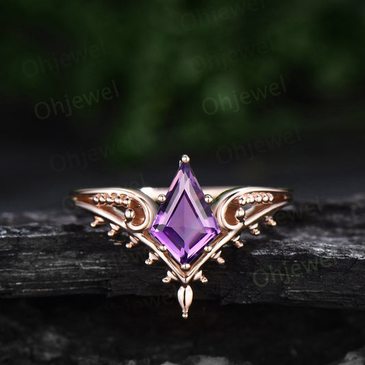Vintage style kite cut purple Amethyst ring unique split shank Solitaire engagement ring 14k rose gold antique promise wedding ring women