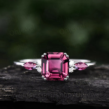 Unique Asscher cut Pink Tourmaline engagement ring set solid 14k rose gold art deco diamond wedding bridal ring set for women fine jewelry