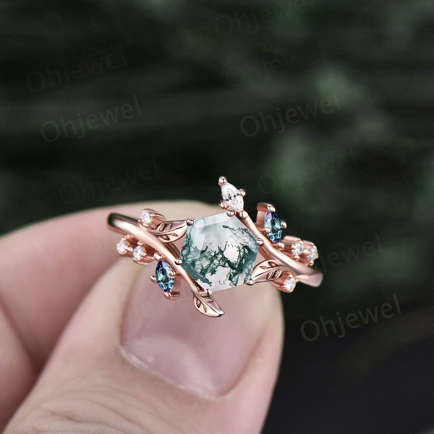 Hexagon cut green moss agate engagement ring rose gold Nature inspired leaf twig diamond ring women cluster alexandrite ring silver gift