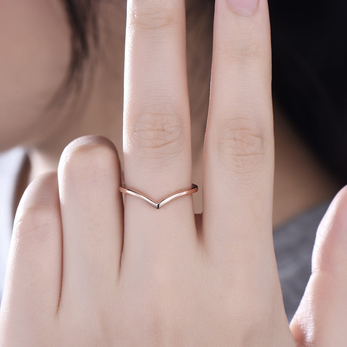 Curved V shaped wedding band  solid 14k rose gold solitaire stacking wedding ring band dainty Minimalist anniversary ring women gift for her