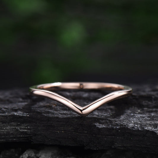 Curved V shaped wedding band  solid 14k rose gold solitaire stacking wedding ring band dainty Minimalist anniversary ring women gift for her