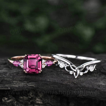 Unique Asscher cut Pink Tourmaline engagement ring set solid 14k rose gold art deco diamond wedding bridal ring set for women fine jewelry