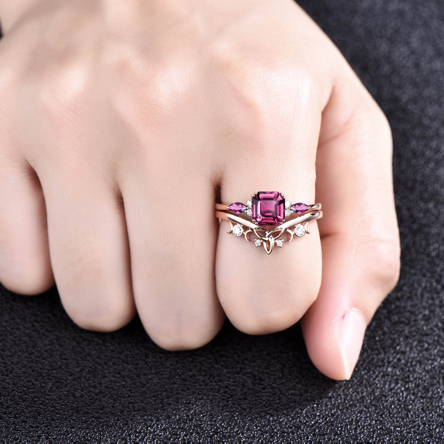 Unique Asscher cut Pink Tourmaline engagement ring set solid 14k rose gold art deco diamond wedding bridal ring set for women fine jewelry