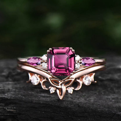Unique Asscher cut Pink Tourmaline engagement ring set solid 14k rose gold art deco diamond wedding bridal ring set for women fine jewelry