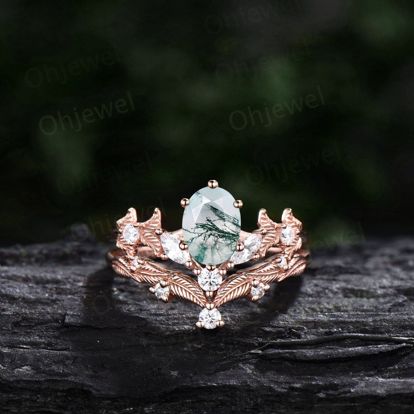 Twig oval cut green moss agate engagement ring set rose gold branch leaf diamond ring art deco unique promise wedding ring set for women