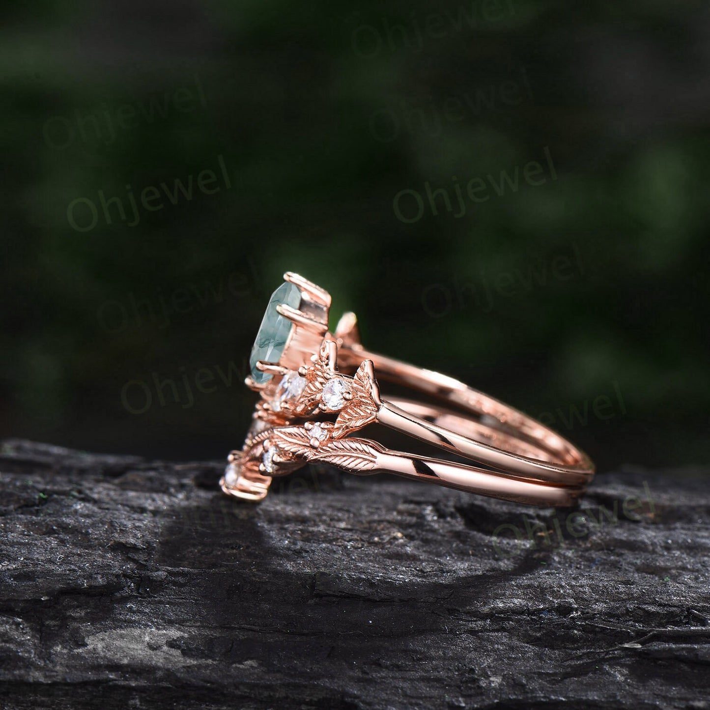 Twig oval cut green moss agate engagement ring set rose gold branch leaf diamond ring art deco unique promise wedding ring set for women