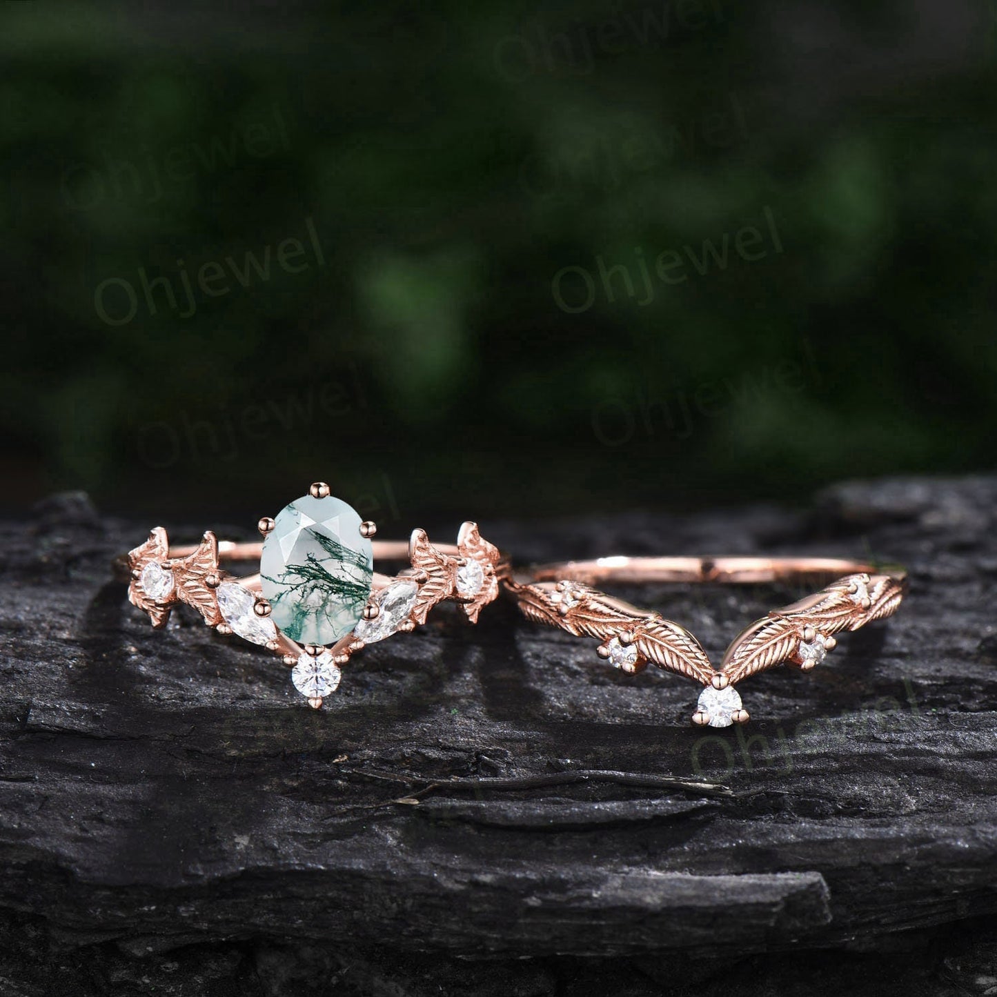 Twig oval cut green moss agate engagement ring set rose gold branch leaf diamond ring art deco unique promise wedding ring set for women