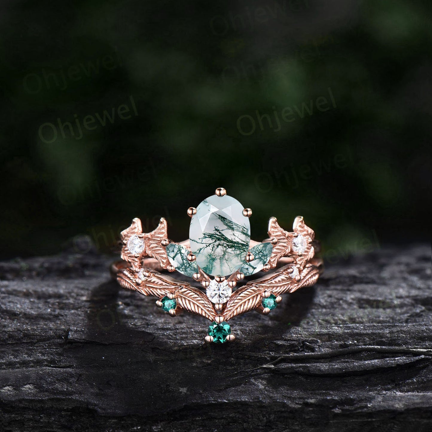 Vintage oval green moss agate engagement ring set rose gold marquise cut ring branch leaf diamond bridal anniversary ring set women gift