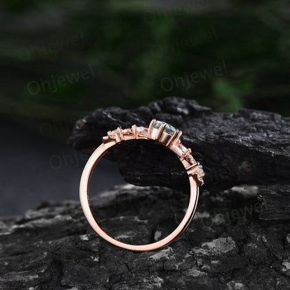Vintage oval green moss agate engagement ring set rose gold marquise cut ring branch leaf diamond bridal anniversary ring set women gift