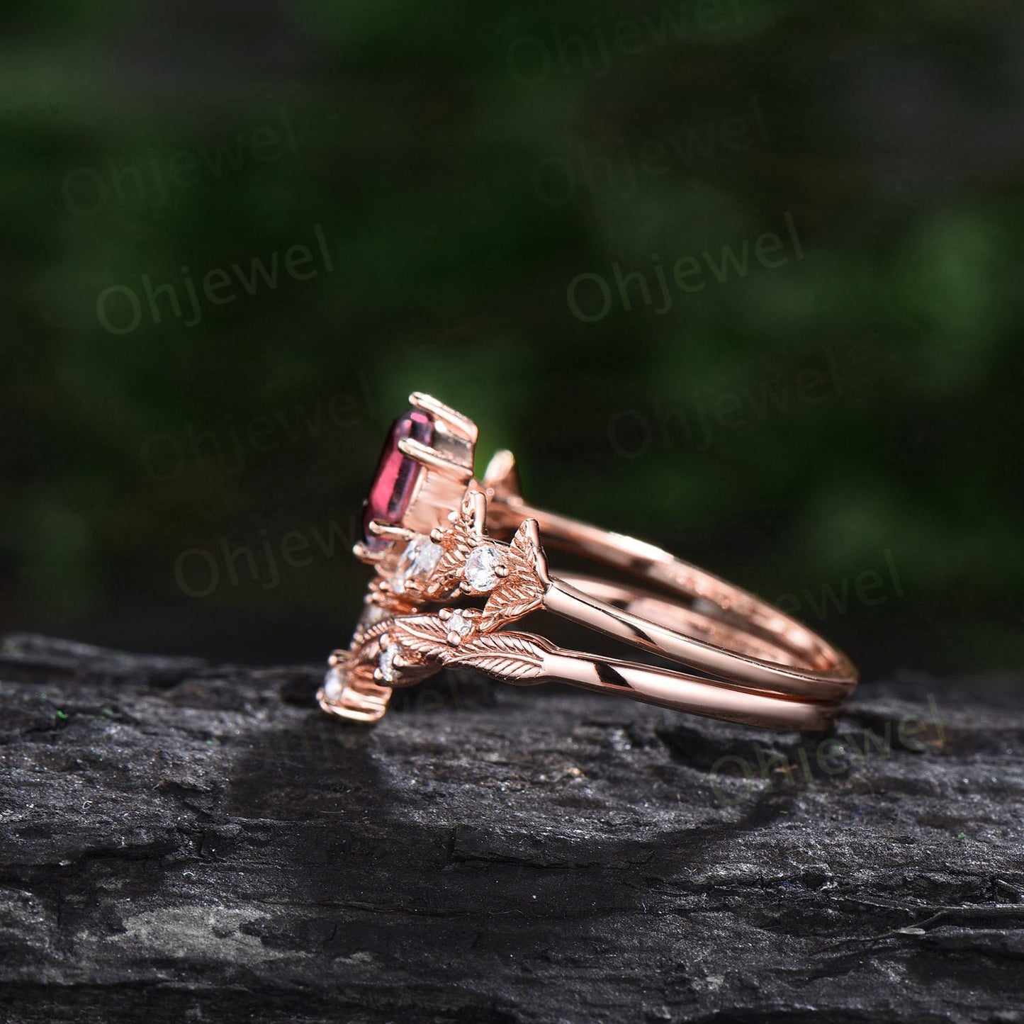 Twig oval cut Pink Tourmaline engagement ring set 14k rose gold branch leaf diamond ring art deco unique promise wedding ring set for women