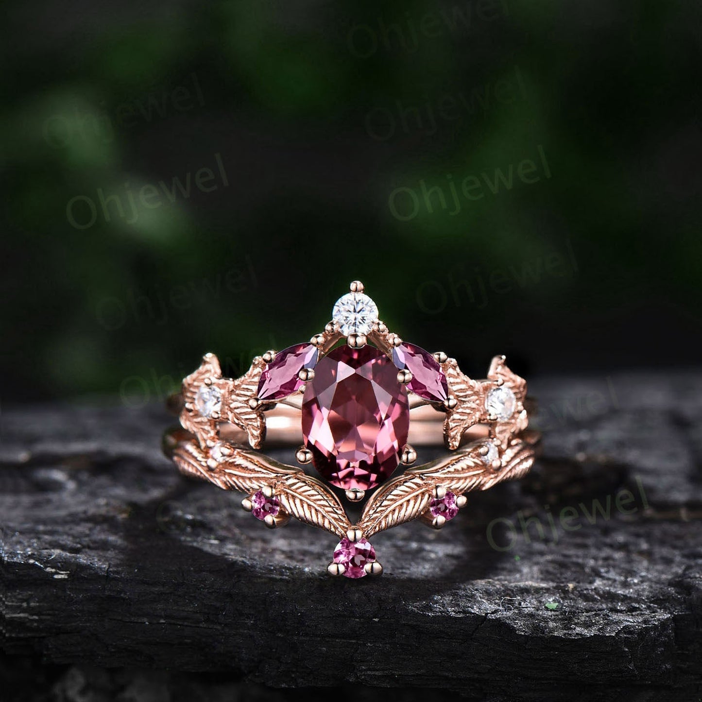 Twig oval cut Pink Tourmaline engagement ring set 14k rose gold branch leaf diamond ring art deco unique promise wedding ring set for women