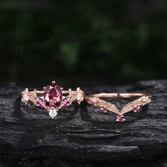 Twig oval cut Pink Tourmaline engagement ring set 14k rose gold branch leaf diamond ring art deco unique promise wedding ring set for women