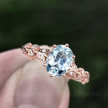 1.5ct oval cut Aquamarine engagement ring solid 14k rose gold art deco branches leaf Leaves twig nature inspired unique wedding ring women
