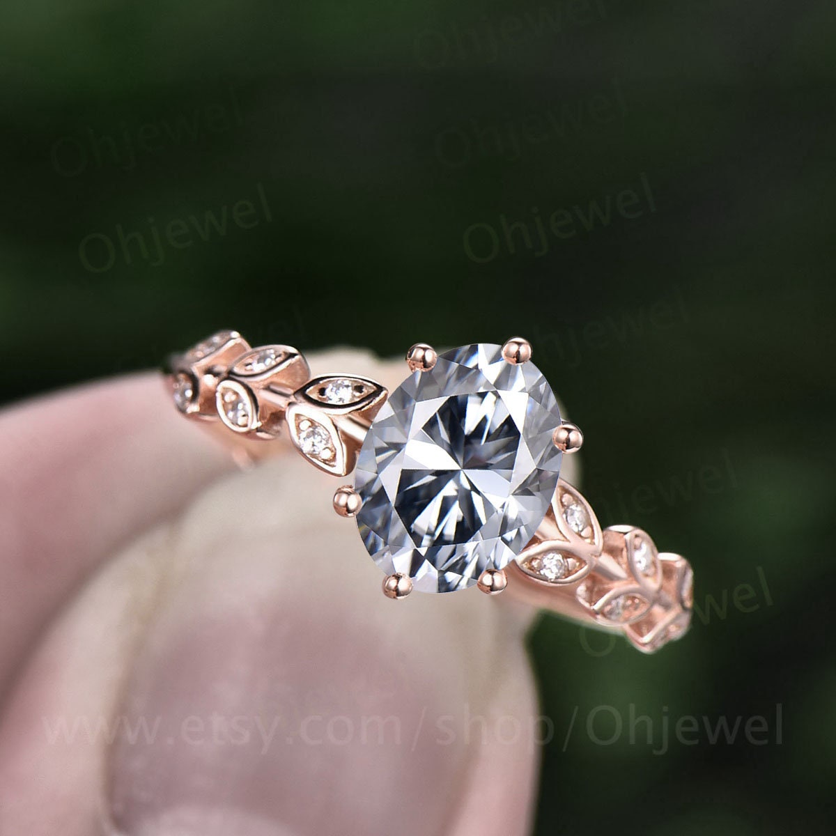 1.5ct oval cut gray moissanite engagement ring solid 14k rose gold art deco branches leaf twig nature inspired unique wedding ring for women