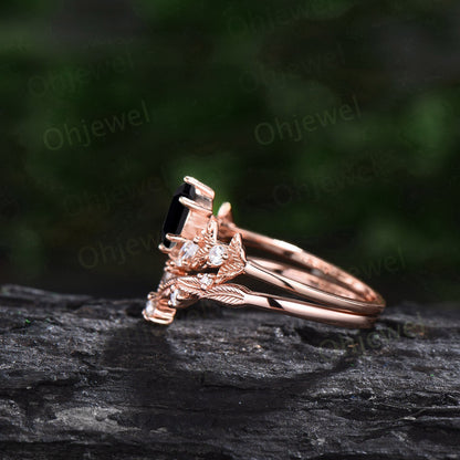 Twig oval cut black rutilated quartz engagement ring set rose gold branch leaf diamond ring art deco unique promise wedding ring set women