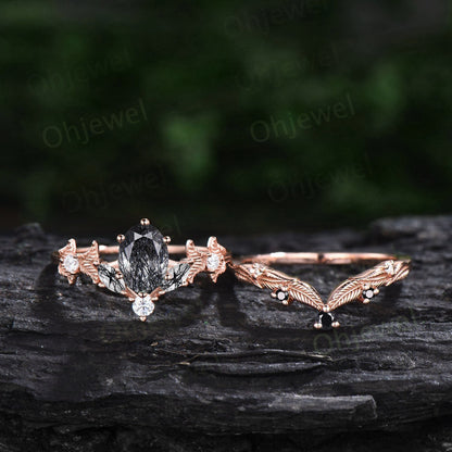 Twig oval cut black rutilated quartz engagement ring set rose gold branch leaf diamond ring art deco unique promise wedding ring set women
