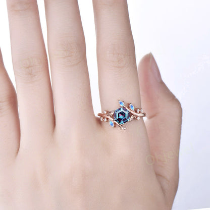 Twig Hexagon cut Alexandrite engagement ring solid 14k rose gold leaf Nature inspired branches moonstone wedding anniversary ring women gift