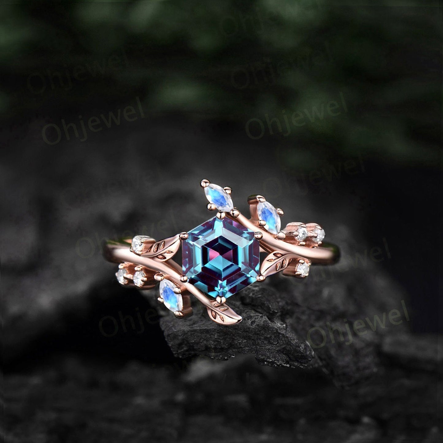 Twig Hexagon cut Alexandrite engagement ring solid 14k rose gold leaf Nature inspired branches moonstone wedding anniversary ring women gift