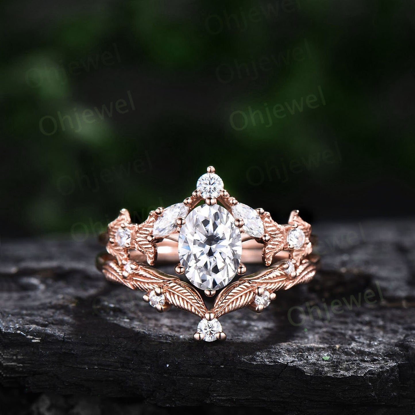 Unique oval moissanite engagement ring set rose gold Twig branch leaf nature inspired engagement ring diamond bridal wedding ring set women