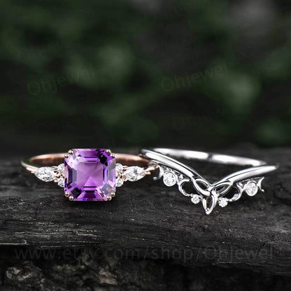 Asscher cut natural purple Amethyst engagement ring set solid 14k rose gold art deco unique diamond wedding bridal ring set women jewelry