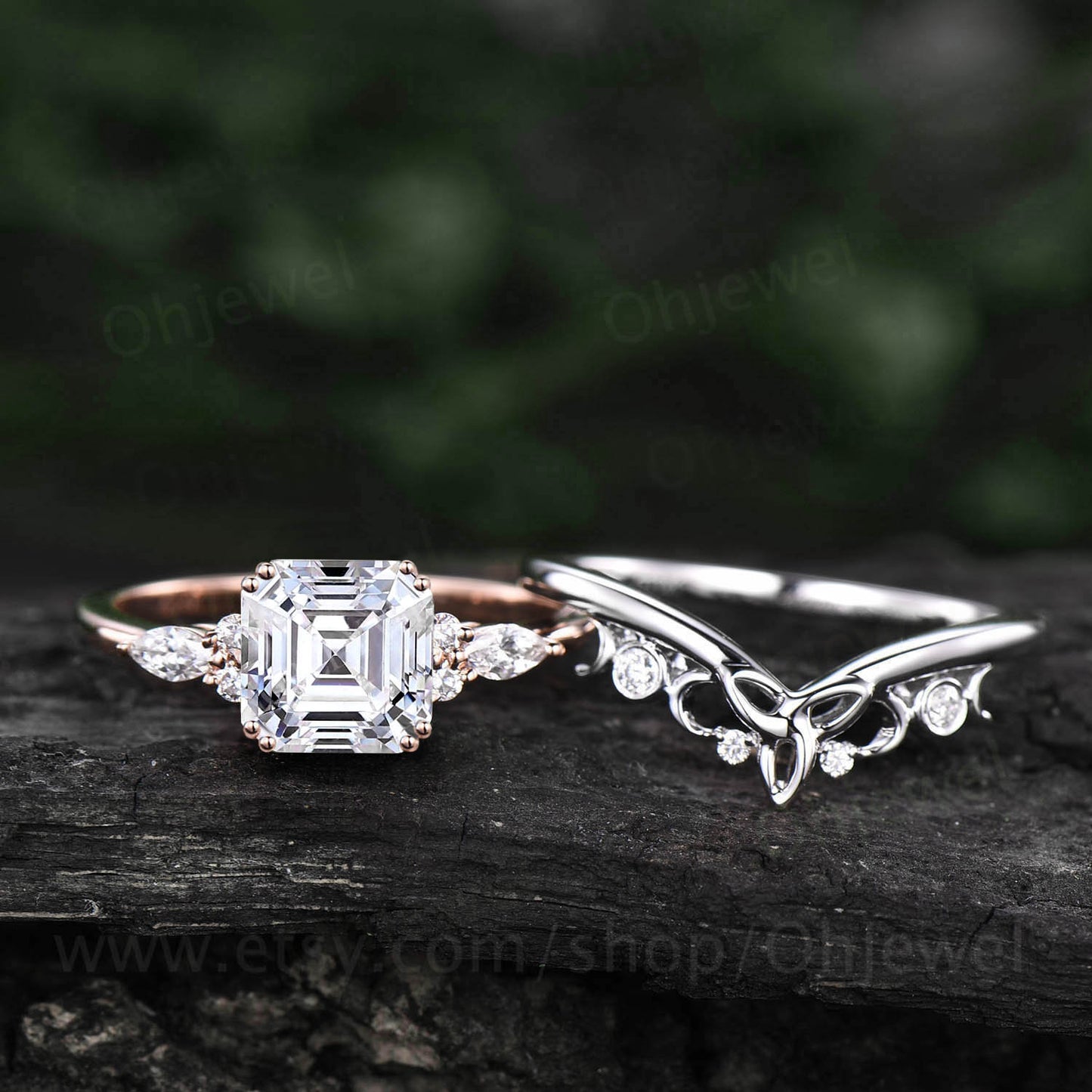 Asscher cut moissanite engagement ring set solid 14k rose gold art deco unique diamond wedding bridal ring set for women fine jewelry gift