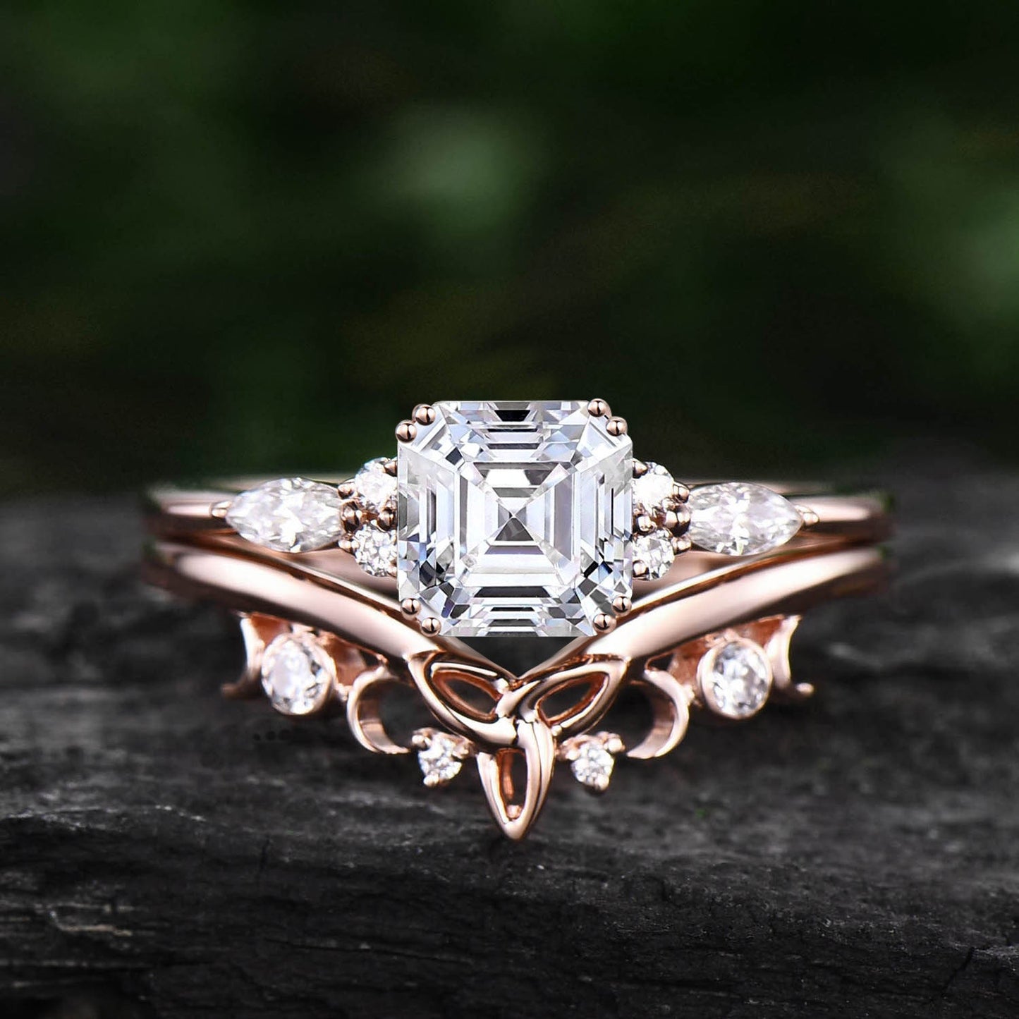 Asscher cut moissanite engagement ring set solid 14k rose gold art deco unique diamond wedding bridal ring set for women fine jewelry gift