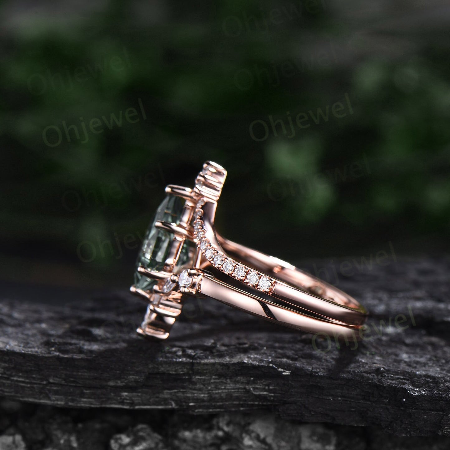 6 prong kite cut green moss agate engagement ring set 14k rose gold marquise diamond vintage unique wedding promise anniversary ring women