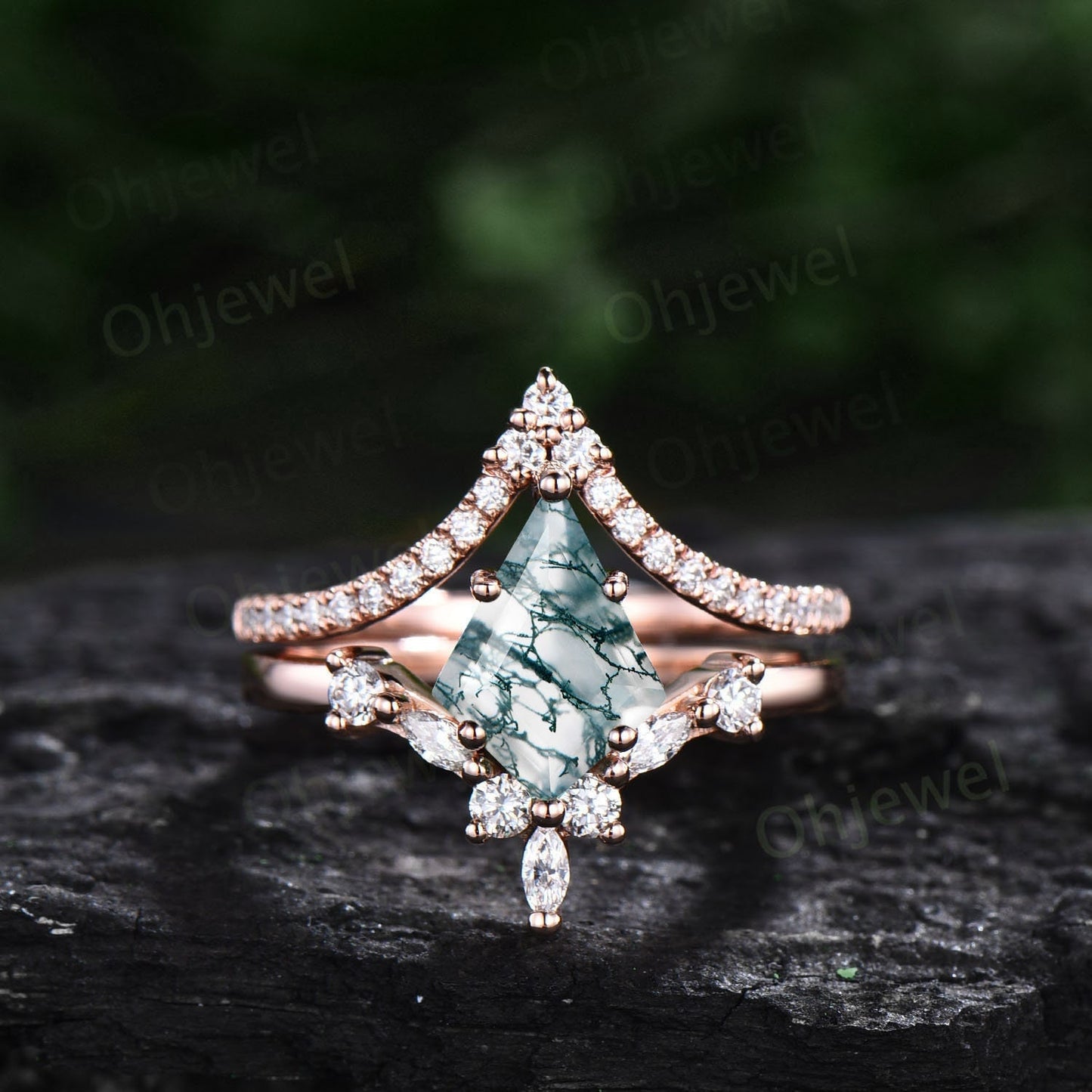 6 prong kite cut green moss agate engagement ring set 14k rose gold marquise diamond vintage unique wedding promise anniversary ring women