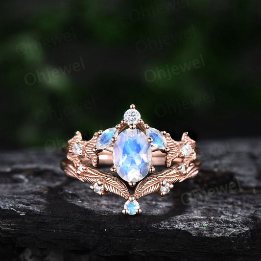 Twig oval cut moonstone engagement ring set 14k rose gold branch leaf nature inspired diamond ring art deco unique wedding ring set women