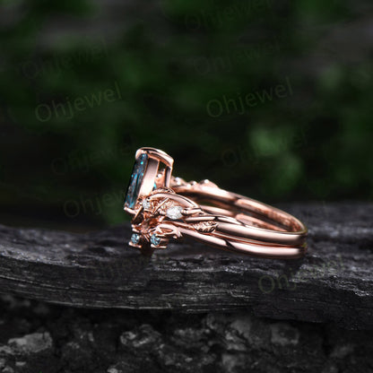 Twig pear shaped Alexandrite engagement ring five stone vintage branch leaf wedding ring set rose gold nature inspired diamond ring women