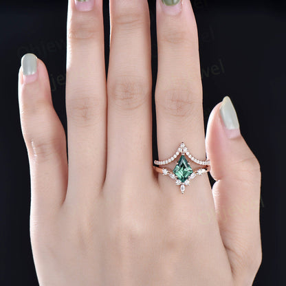 7x10mm kite cut teal green sapphire engagement ring set 14k rose gold 6 prong marquise cut diamond wedding promise anniversary ring women