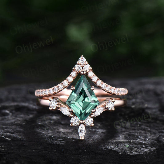 7x10mm kite cut teal green sapphire engagement ring set 14k rose gold 6 prong marquise cut diamond wedding promise anniversary ring women