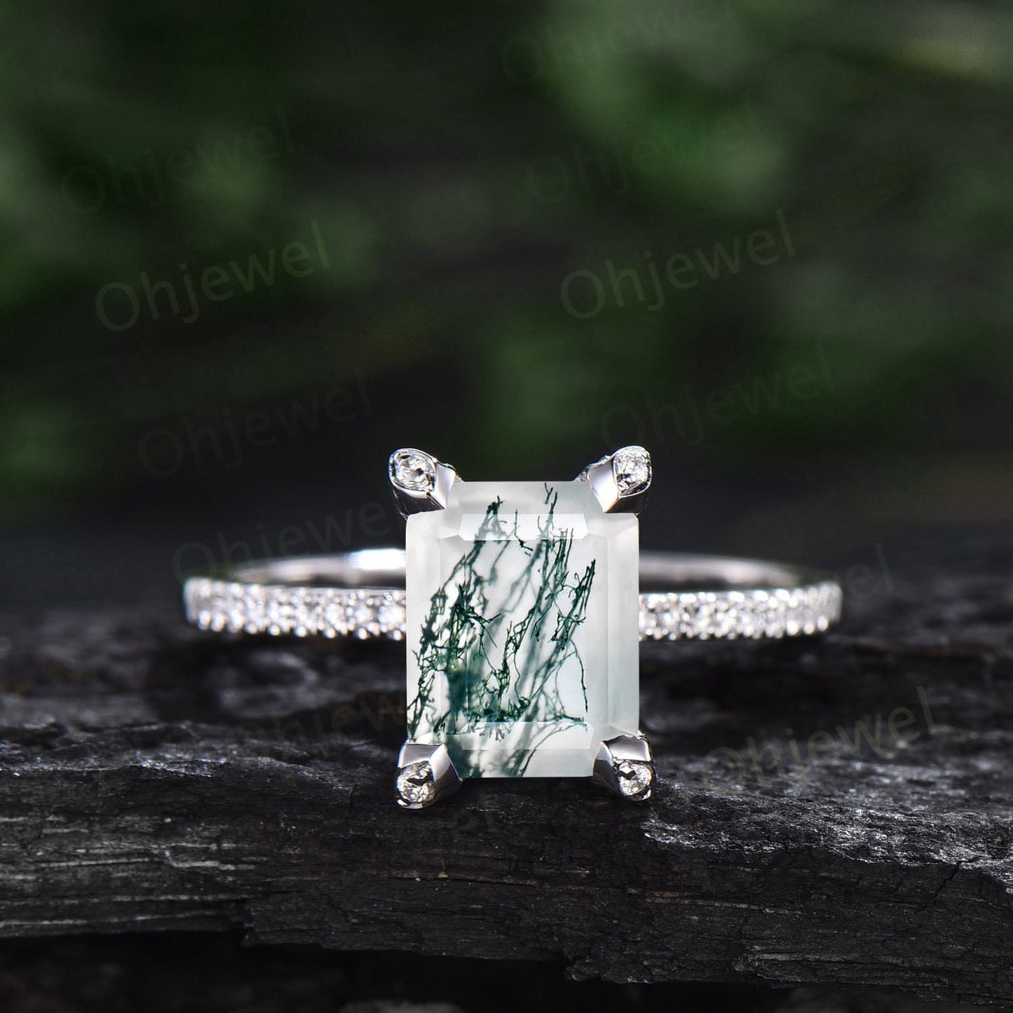 Unique emerald cut green moss agate engagement ring solid 14k white gold half eternity vintage basket prong set diamond ring women jewelry
