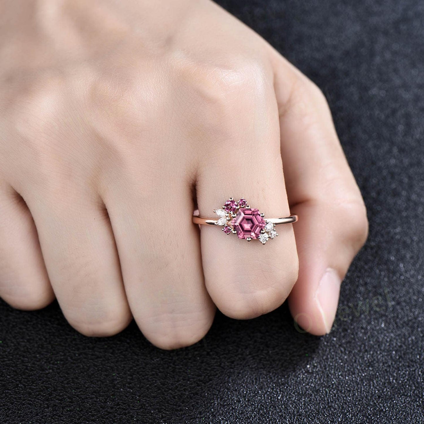 Hexagon cut Pink Tourmaline ring 14k rose gold vintage unique Pink Tourmaline engagement ring women cluster marquise diamond wedding ring