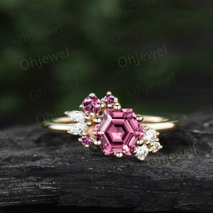 Hexagon cut Pink Tourmaline ring 14k rose gold vintage unique Pink Tourmaline engagement ring women cluster marquise diamond wedding ring