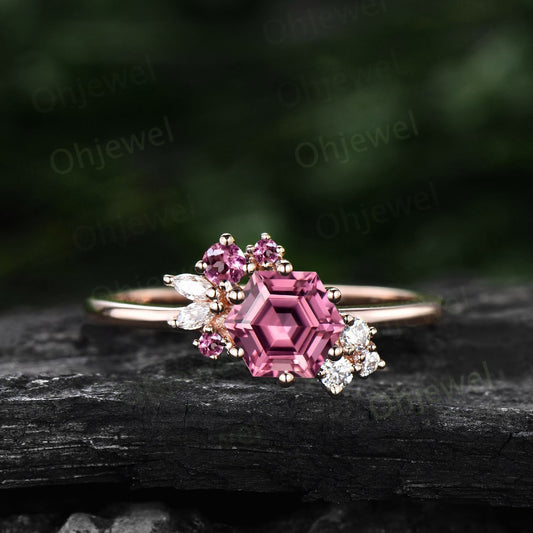 Hexagon cut Pink Tourmaline ring 14k rose gold vintage unique Pink Tourmaline engagement ring women cluster marquise diamond wedding ring