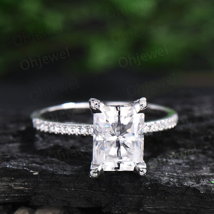 Unique radiant cut moissanite engagement ring solid 14k white gold half eternity vintage basket prong set diamond ring women jewelry